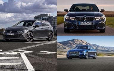 De gauche à droite et de haut en bas, la Volkswagen Golf GTD, la BMW M340d Touring et l'Audi S6.