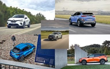 De gauche à droite et et de haut en bas, le Renault Captur, le Hyundai Kona, le Nissan Juke, le Peugeot 2008. Au centre, le Citroën C3 Aircross.