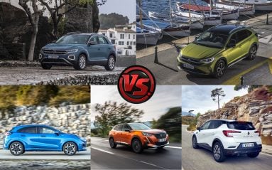 Le T-Roc restylé face à ses principaux concurrents, les 2008, Captur, Puma et Taigo. De haut en bas, et de gauche à droite, les Volkswagen T-Roc (2022), Taigo, Ford Puma, Peugeot 2008 et Renault Captur. 